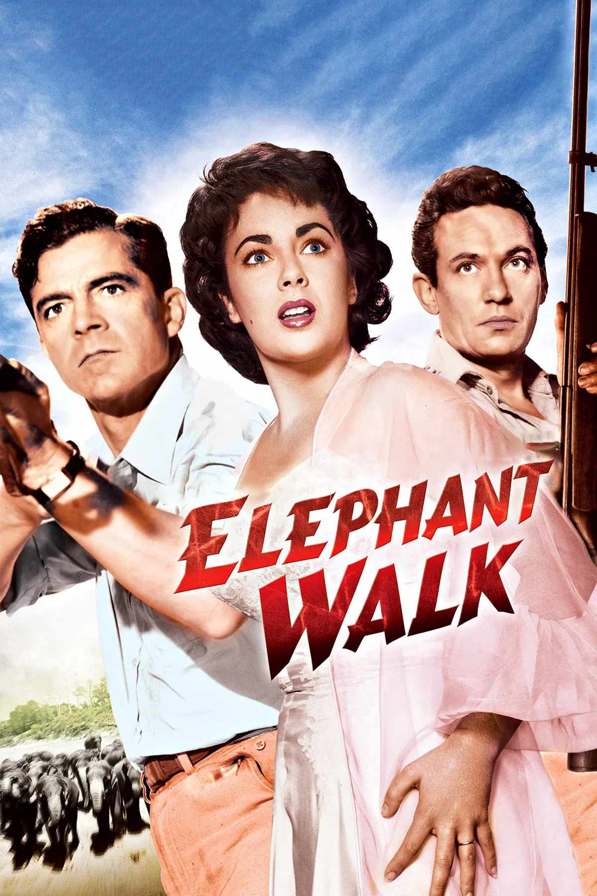 Poster chính thức của phim Phim Tình Cảm, Phim Phiêu Lưu "Voi đi bộ" (Elephant Walk - 1954), với sự tham gia của diễn viên Elizabeth Taylor và Peter Finch.