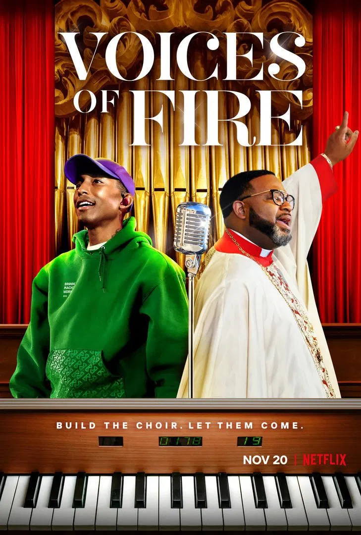 Poster chính thức của phim Truyền Hình Thực Tế "Voices of Fire: Hợp xướng Phúc âm" (Voices of Fire - 2020), với sự tham gia của diễn viên Pharrell Williams.
