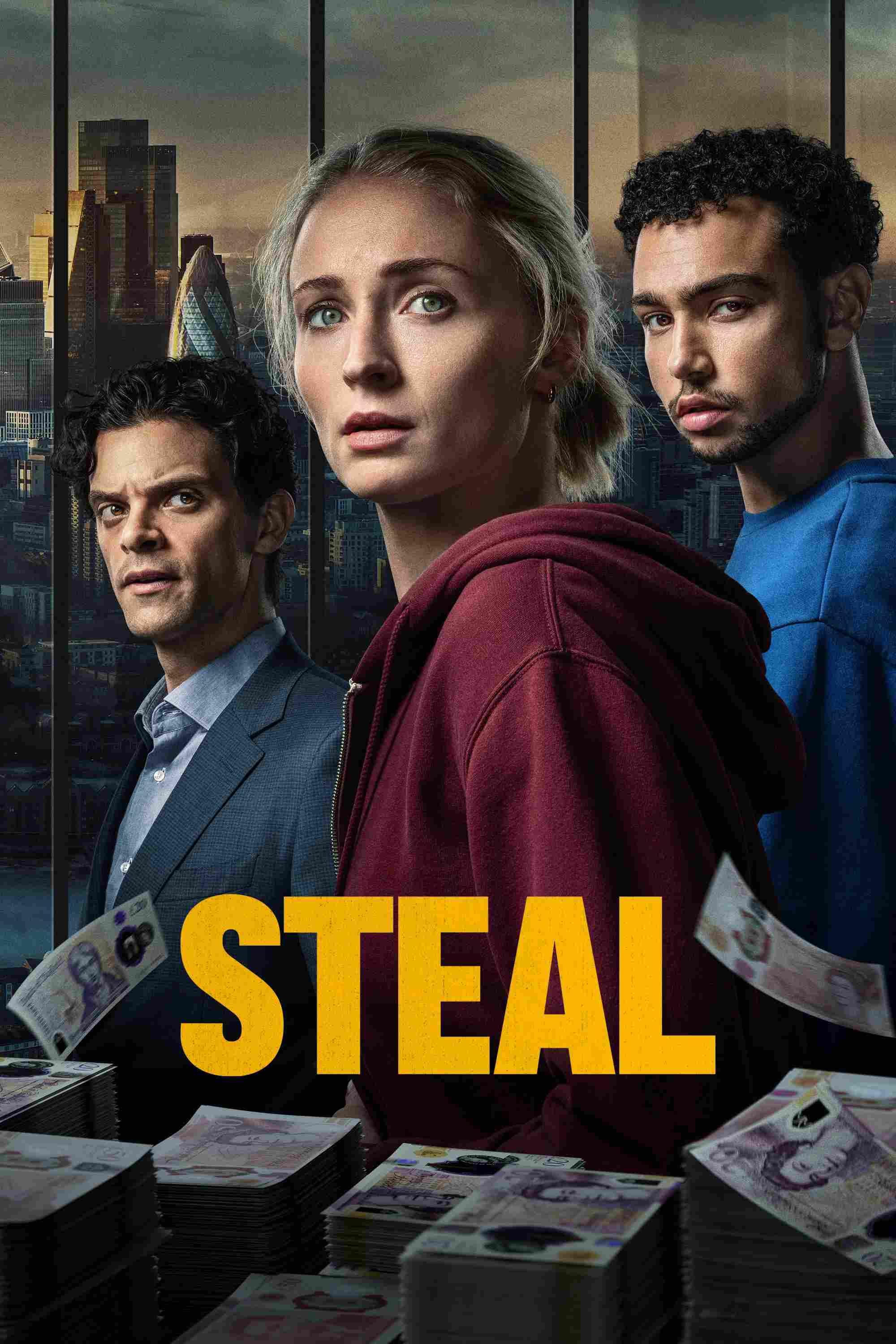 Poster chính thức của phim Phim Tâm Lý, Phim Hình Sự "Vụ Cướp Tỷ Bảng (Phần 1)" (Steal - 2026), với sự tham gia của diễn viên Sophie Turner và Archie Madekwe.