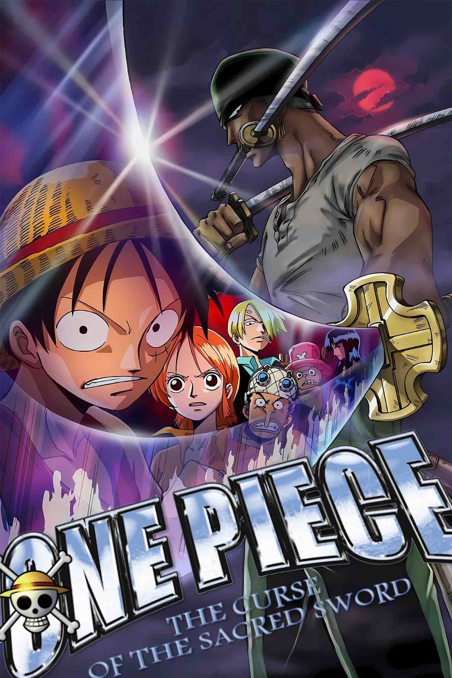 Poster chính thức của phim Phim Hoạt Hình, Phim Phiêu Lưu "Vua Hải Tặc: Thánh Kiếm Bị Nguyền Rủa" (One Piece: Curse of the Sacred Sword - 2004), với sự tham gia của diễn viên Mayumi Tanaka và Kazuya Nakai.