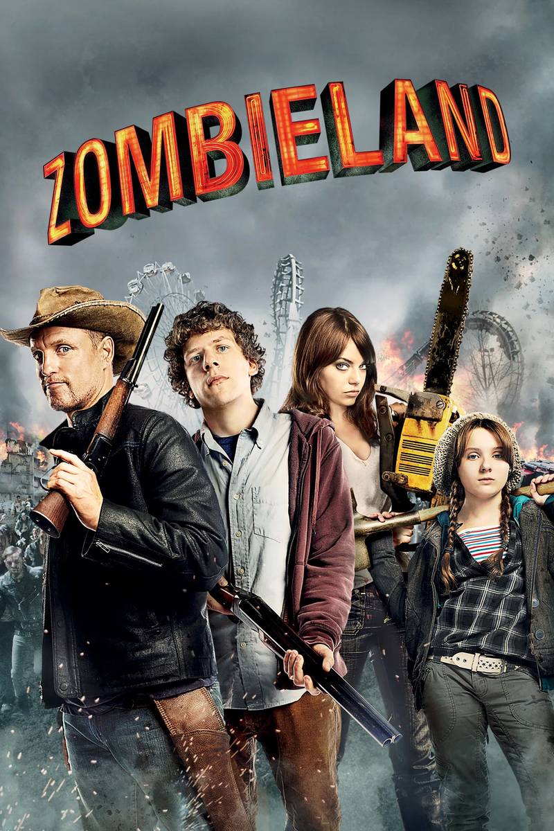 Poster chính thức của phim Phim Hài, Phim Kinh Dị "Vùng Đất Thây Ma" (Zombieland - 2009), với sự tham gia của diễn viên Jesse Eisenberg và Woody Harrelson.