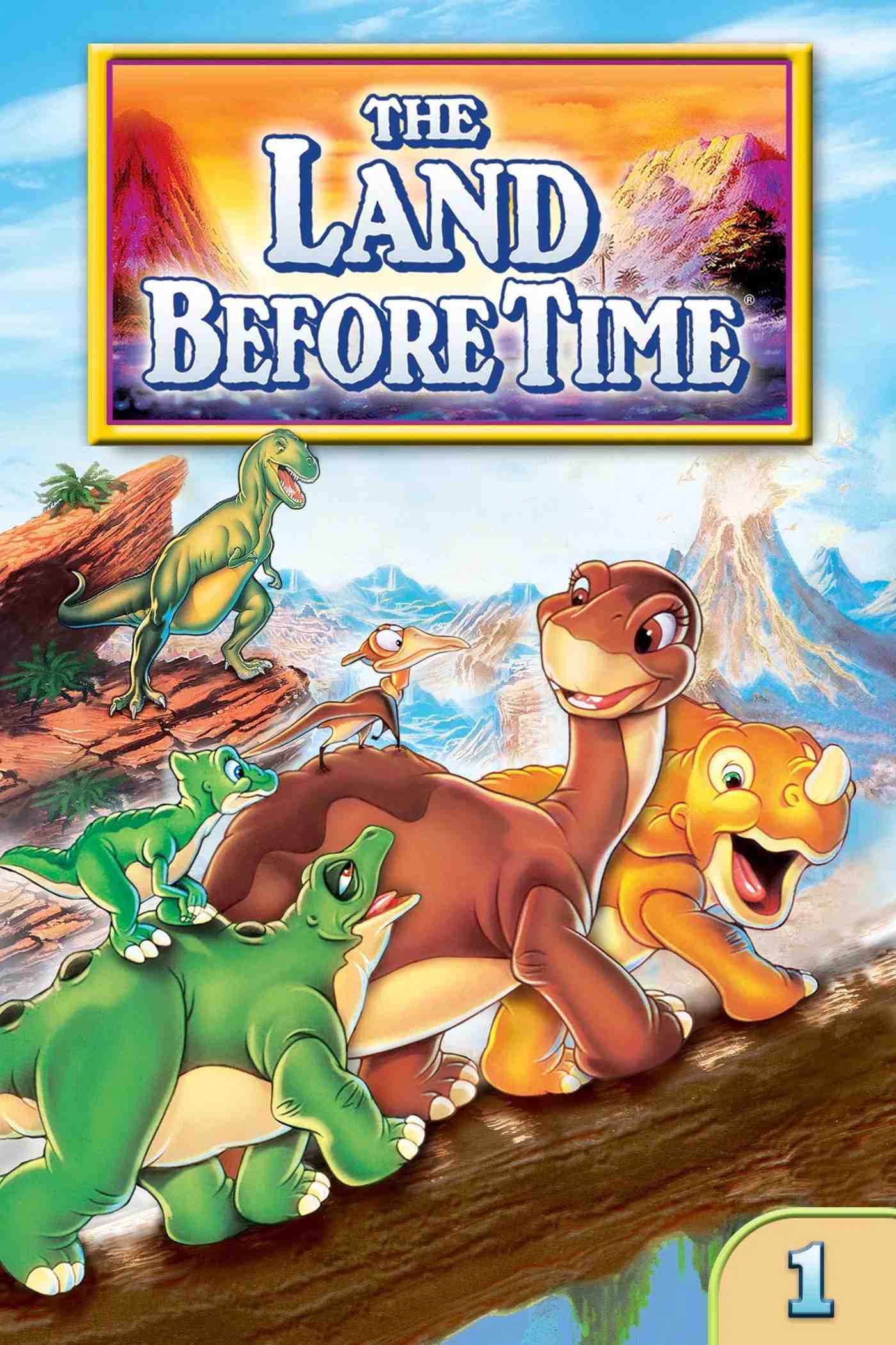 Poster chính thức của phim Phim Gia Đình, Phim Hoạt Hình "Vùng Đất Tiền Sử" (The Land Before Time - 1988), với sự tham gia của diễn viên Gabriel Damon và Candace Hutson.