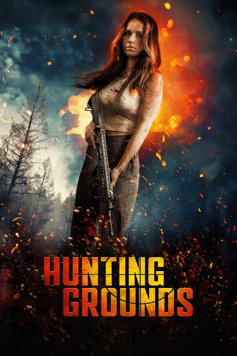 Poster chính thức của phim Phim Hành Động, Phim Giật Gân "Vùng Săn Mồi" (Hunting Grounds - 2025), với sự tham gia của diễn viên Emily Alatalo và Tim Rozon.