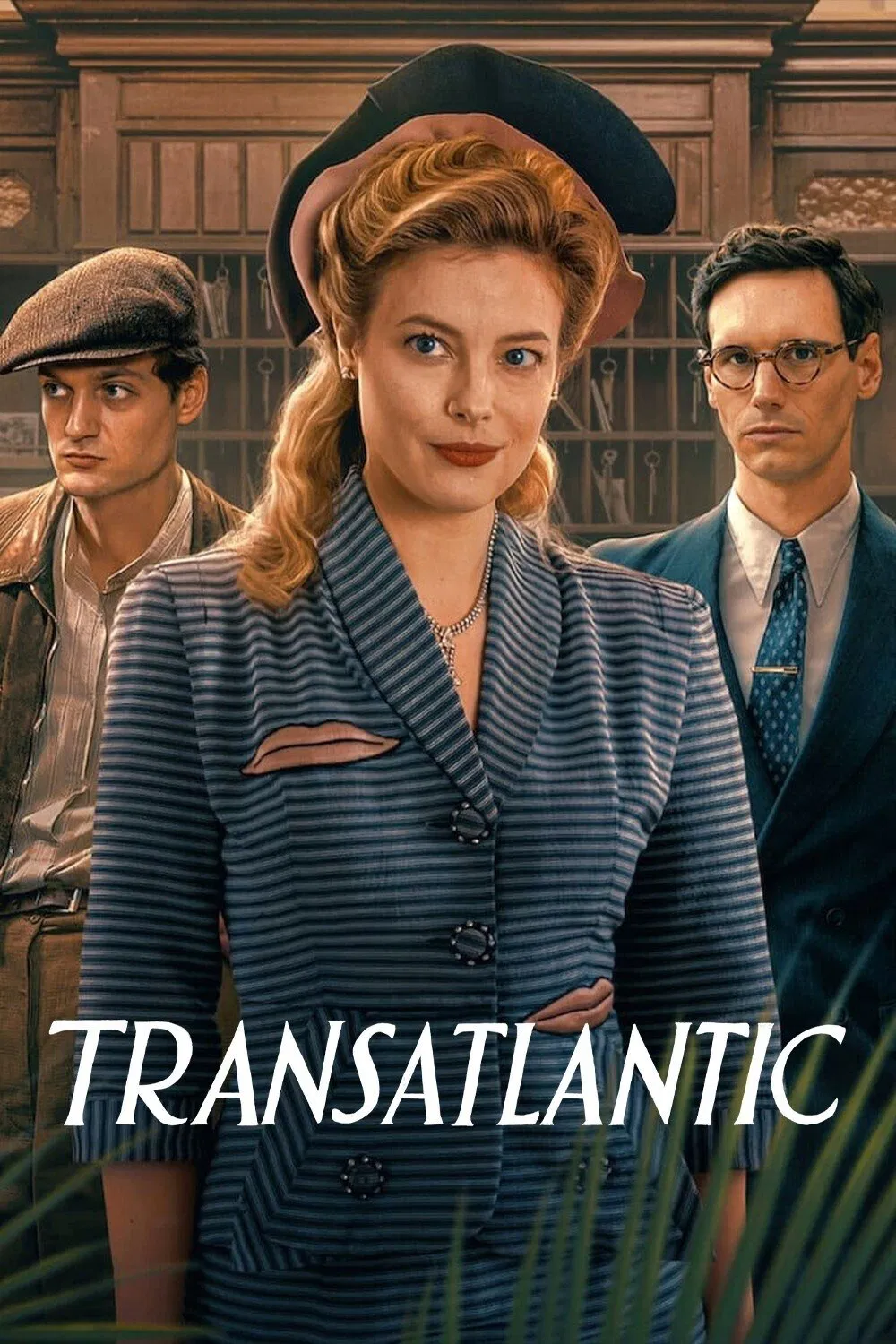 Poster chính thức của phim Phim Tâm Lý, Phim Chiến Tranh & Chính Trị "Vượt Đại Tây Dương" (Transatlantic - 2023), với sự tham gia của diễn viên Gillian Jacobs và Cory Michael Smith.
