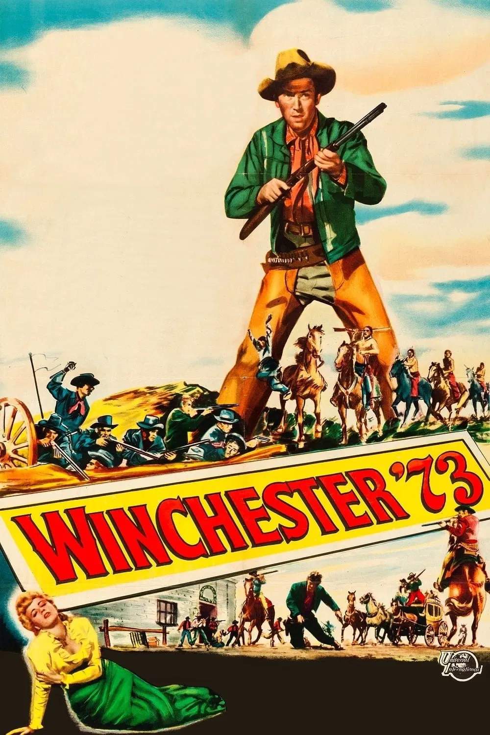 Poster chính thức của phim Phim Miền Tây "Winchester '73" (Winchester '73 - 1950), với sự tham gia của diễn viên James Stewart và Shelley Winters.