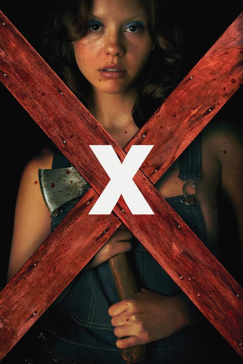 Poster chính thức của phim Phim Kinh Dị, Phim Giật Gân "X" (X - 2022), với sự tham gia của diễn viên Mia Goth và Jenna Ortega.