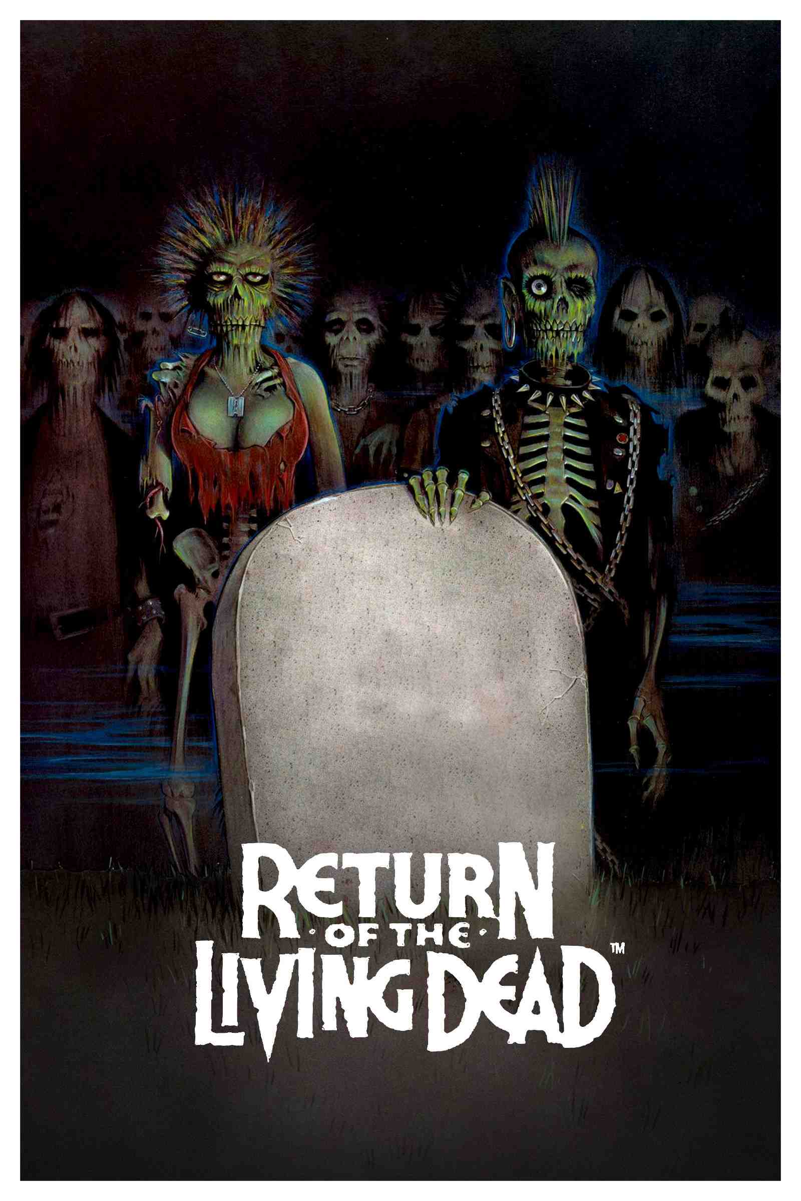 Poster chính thức của phim Phim Hài, Phim Kinh Dị "Xác Sống Trở Lại" (The Return of the Living Dead - 1985), với sự tham gia của diễn viên Clu Gulager và James Karen.
