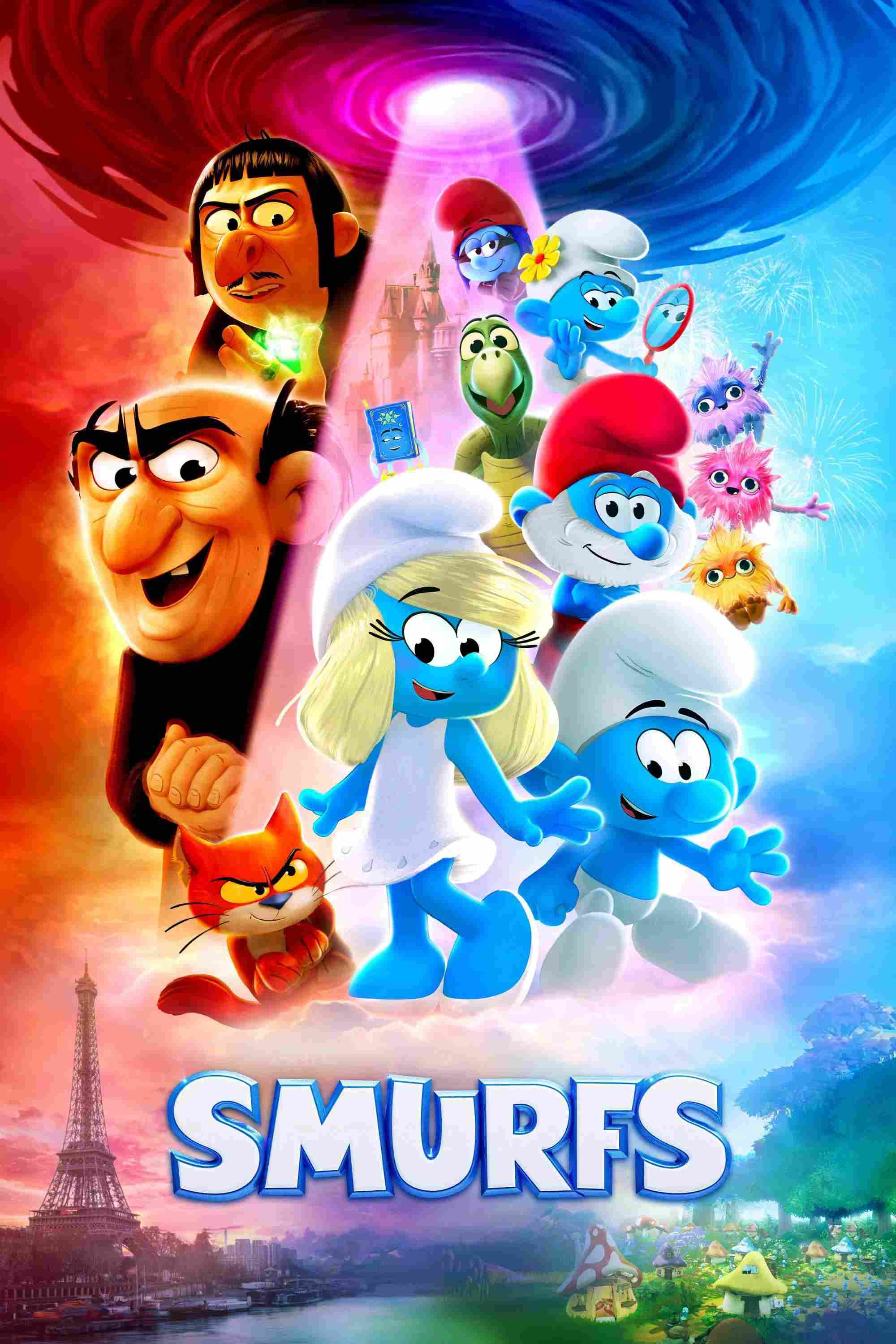 Poster chính thức của phim Phim Hoạt Hình, Phim Gia Đình "Xì Trum" (Smurfs - 2025), với sự tham gia của diễn viên Rihanna và James Corden.
