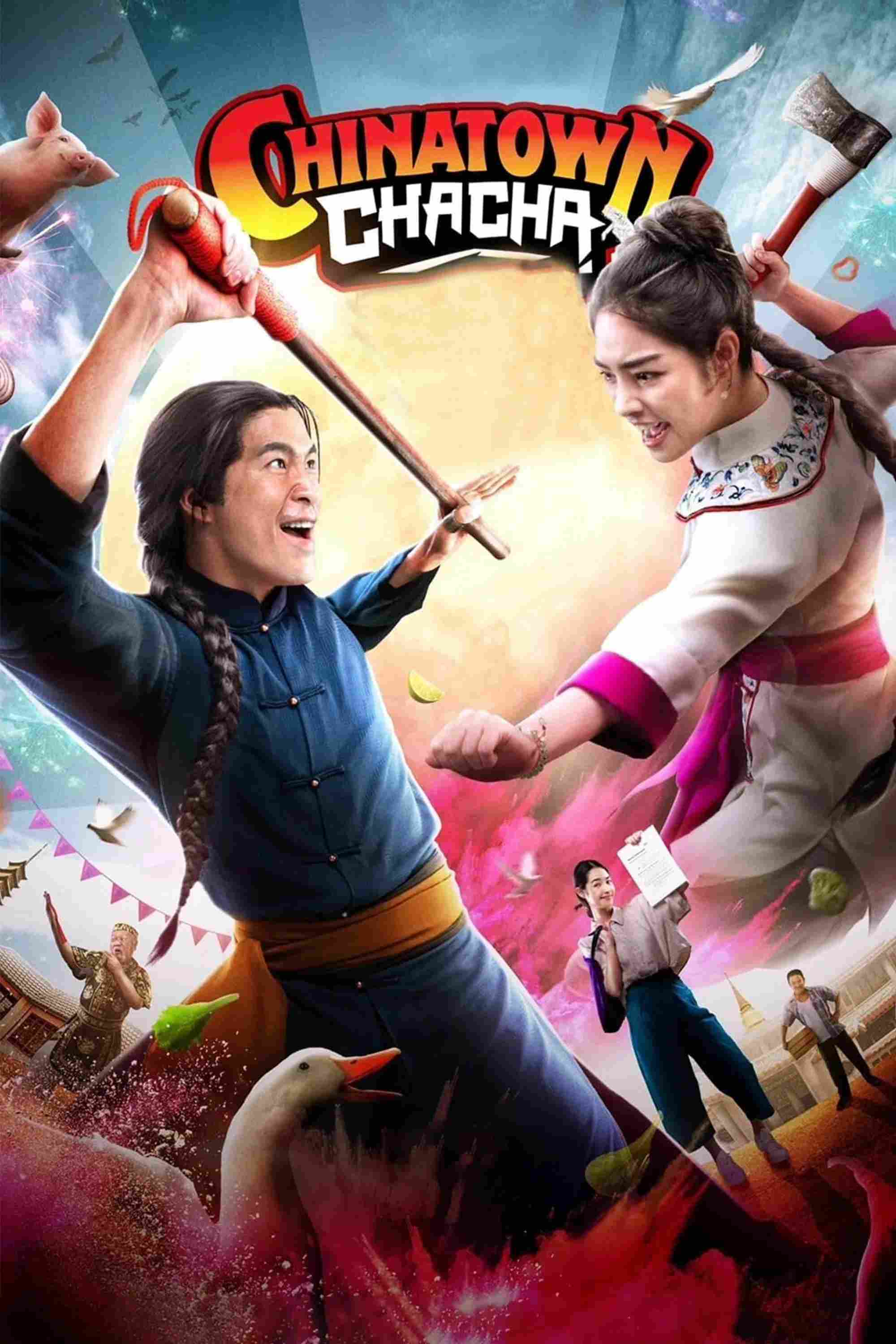Poster chính thức của phim Phim Hài, Phim Hành Động "Xuyên Không Cải Mệnh Gia Tộc" (Chinatown Cha Cha - 2024), với sự tham gia của diễn viên Teeradetch Metawarayut và Ranchrawee Uakoolwarawat.