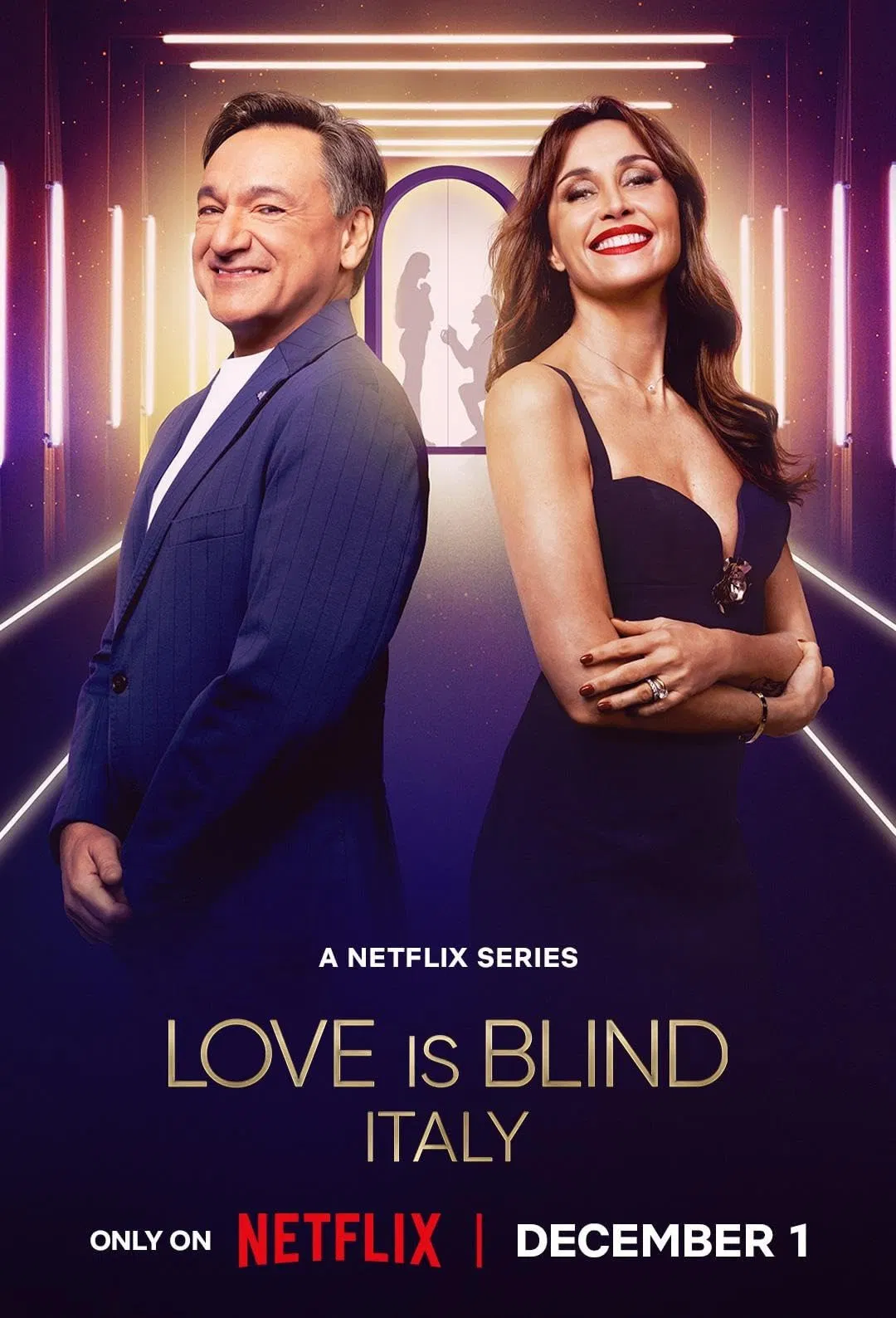 Poster chính thức của phim Truyền Hình Thực Tế "Yêu Là Mù Quáng: Ý (Phần 1)" (Love Is Blind: Italy - 2025), với sự tham gia của diễn viên Fabio Caressa.
