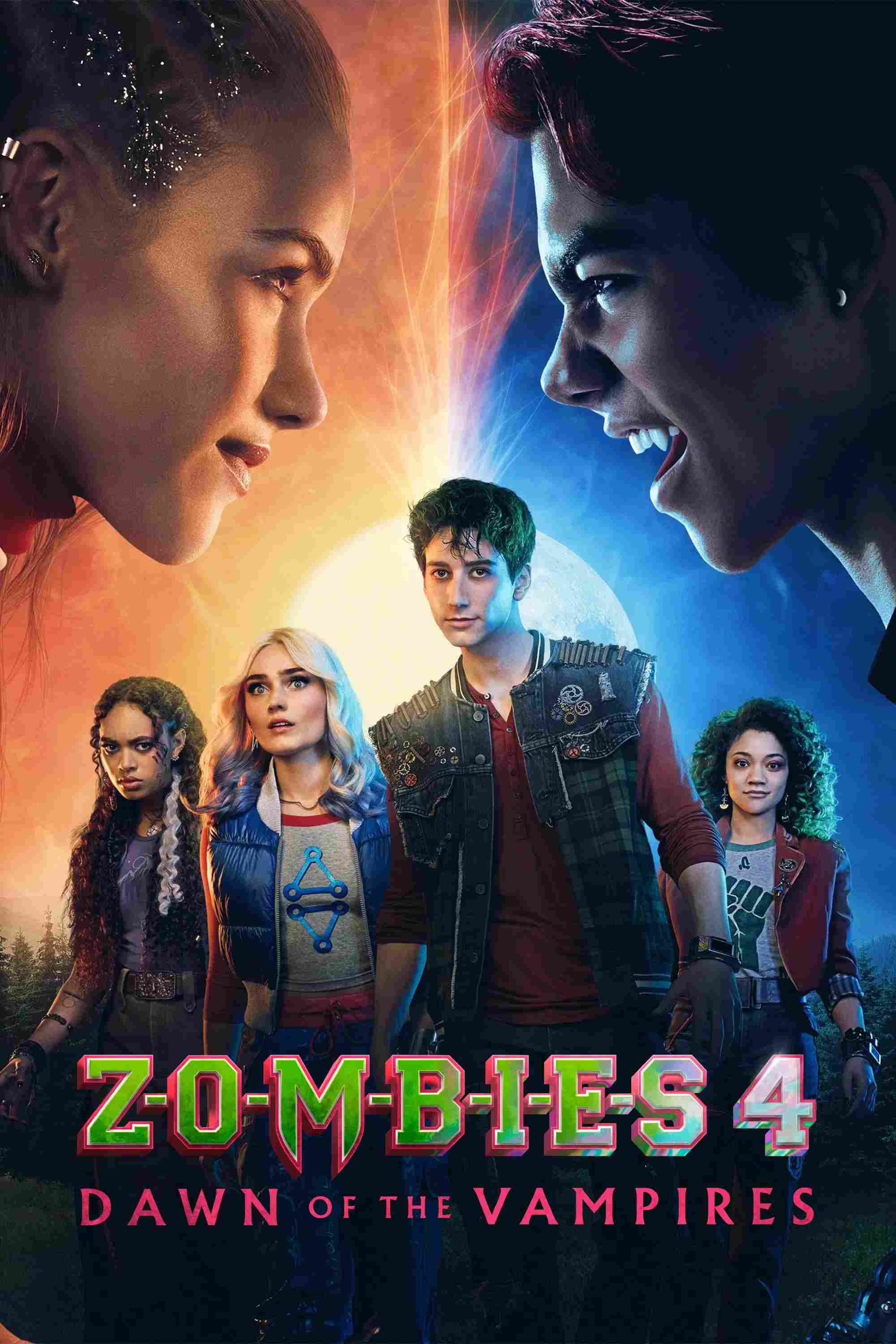 Poster chính thức của phim Phim Giả Tượng, Phim Ca Nhạc "ZOMBIES 4: Bình Minh Ma Cà Rồng" (Z-O-M-B-I-E-S 4: Dawn of the Vampires - 2025), với sự tham gia của diễn viên Milo Manheim và Meg Donnelly.