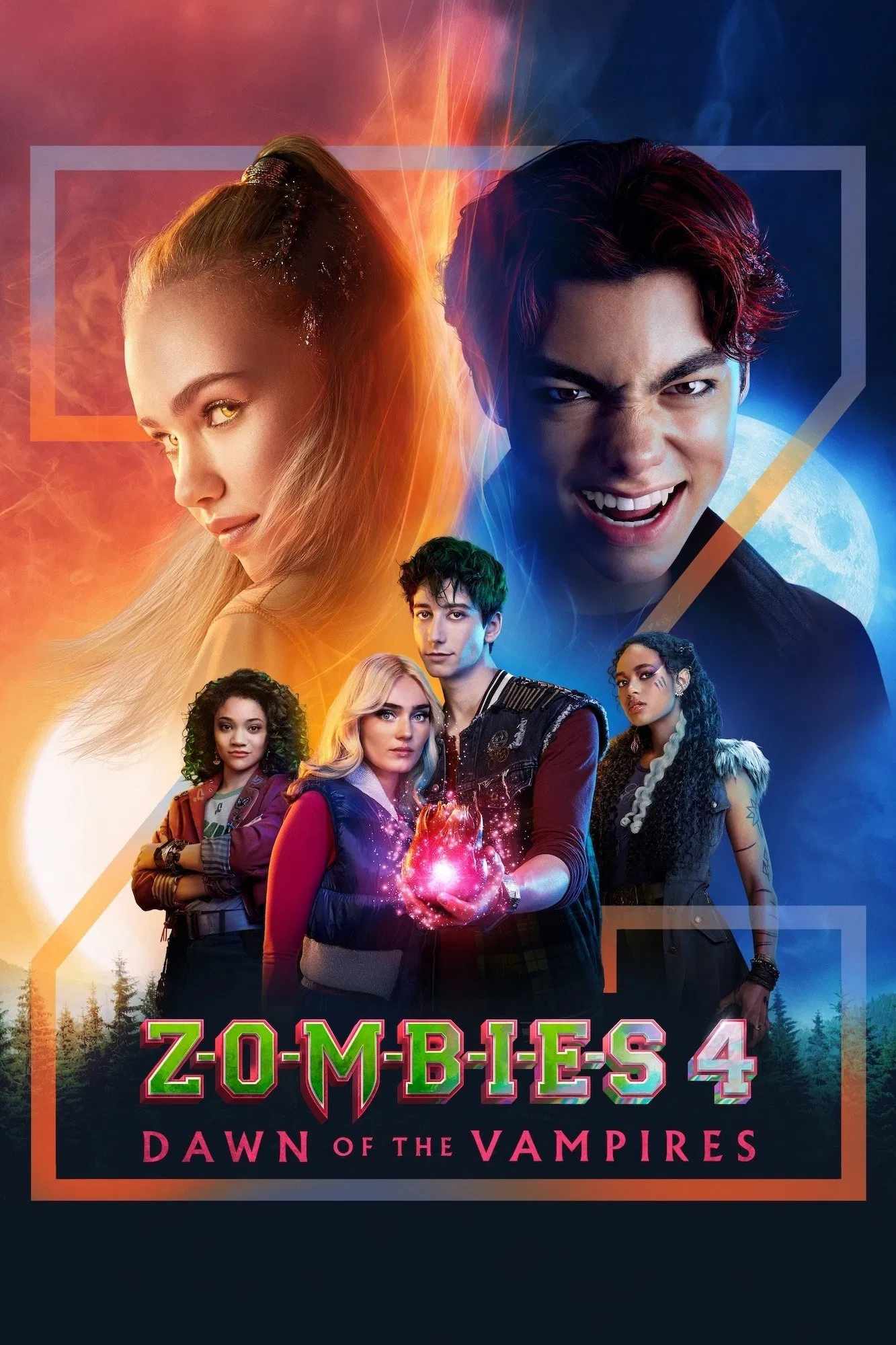 Poster chính thức của phim Phim Giả Tượng, Phim Ca Nhạc "Zombies 4 - Dawn of the Vampires" (Z-O-M-B-I-E-S 4: Dawn of the Vampires - 2025), với sự tham gia của diễn viên Milo Manheim và Meg Donnelly.